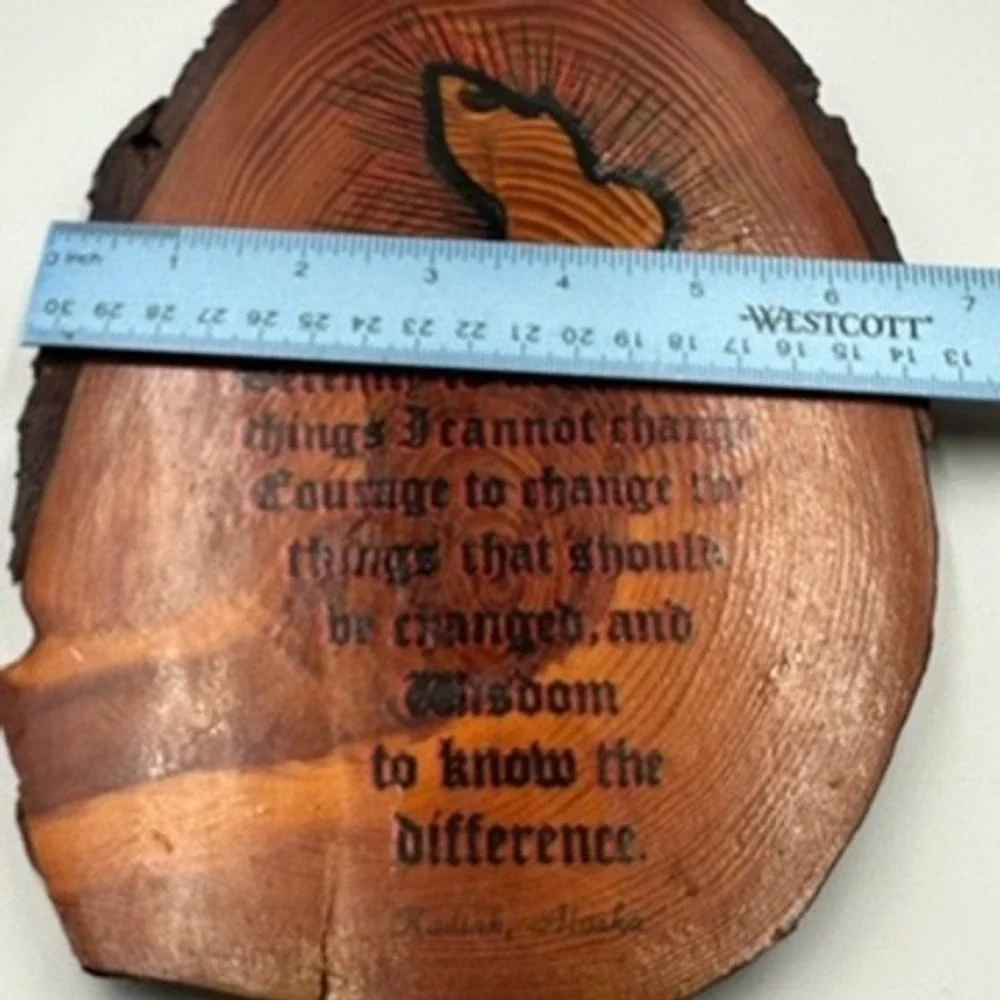Vintage 80's Alaska Serenity Prayer Wood Slab Wall Plaque Rustic Decor Spiritual